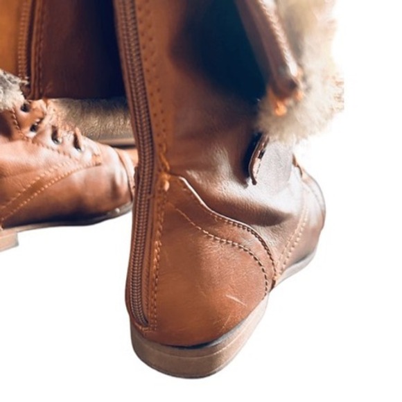 Bumper Womens Tan Faux Leather Lace Up Fur Lined Combat Boots Ankle Mid Calf - Picture 11 of 12